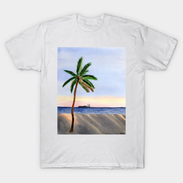 Single Palm Tree at the Beach during sunset T-Shirt by Sandraartist